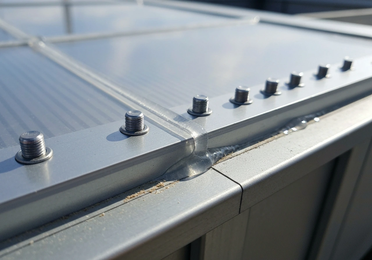 Close-up of polycarbonate panel joint with stainless fasteners and clear weatherproof sealant at outdoor edge