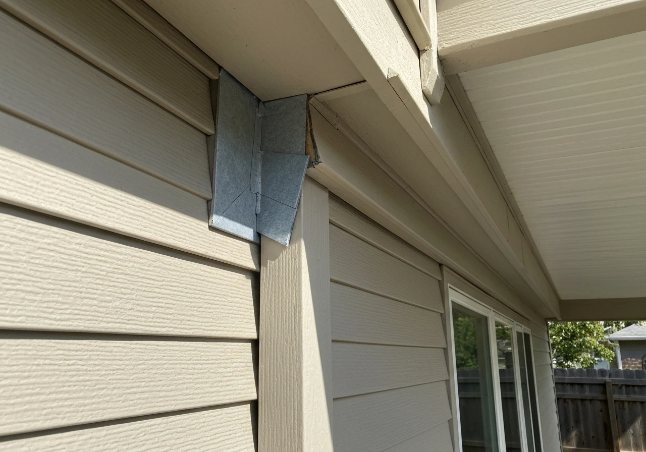 Close-up of Z-step flashing at a patio-to-house wall junction showing layered overlaps to prevent leaks