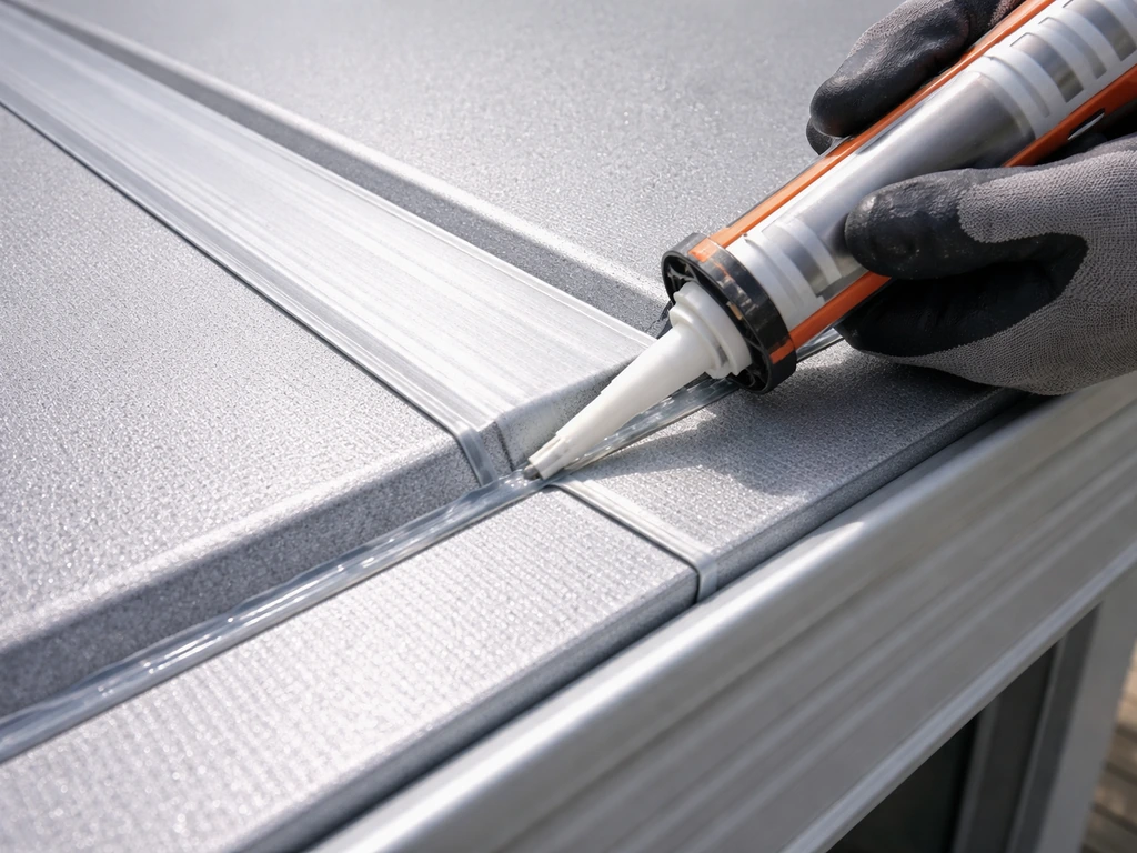 Gloved hands applying UV-safe sealant to an aluminum patio roof lap joint with flashing visible.