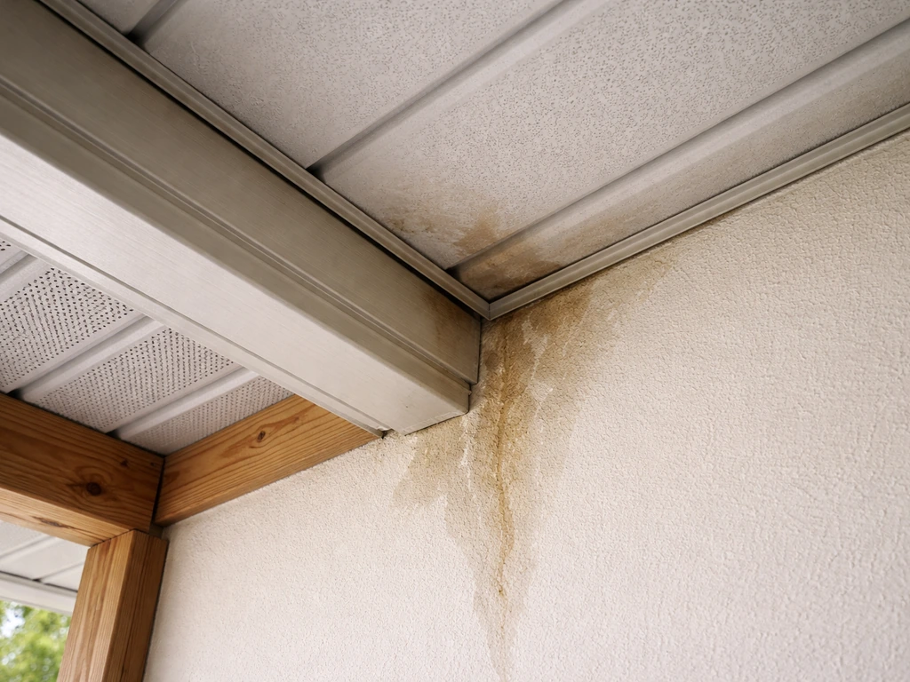 View from inside showing a damp stain under an aluminum patio roof seam with a wet trace leading upward.