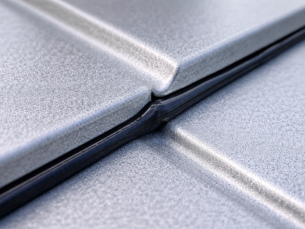 Macro close-up of butyl tape compressed into an aluminum panel lap seam, forming a continuous seal bead.