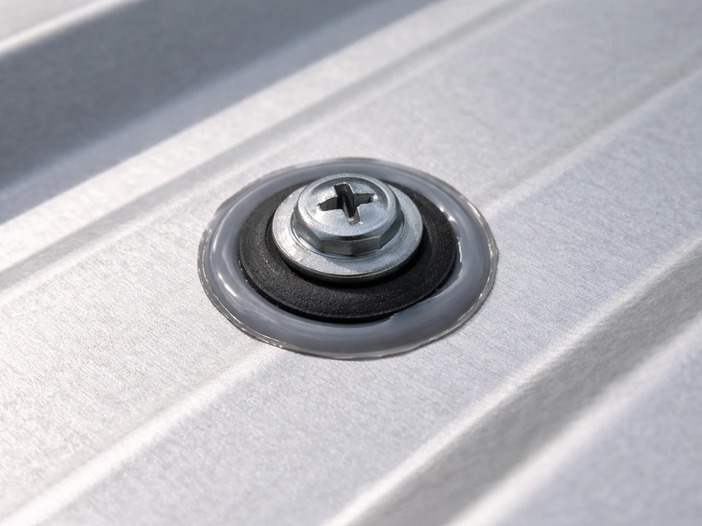Close-up of an exposed roof screw penetration with washer sealant being re-sealed for watertight coverage.