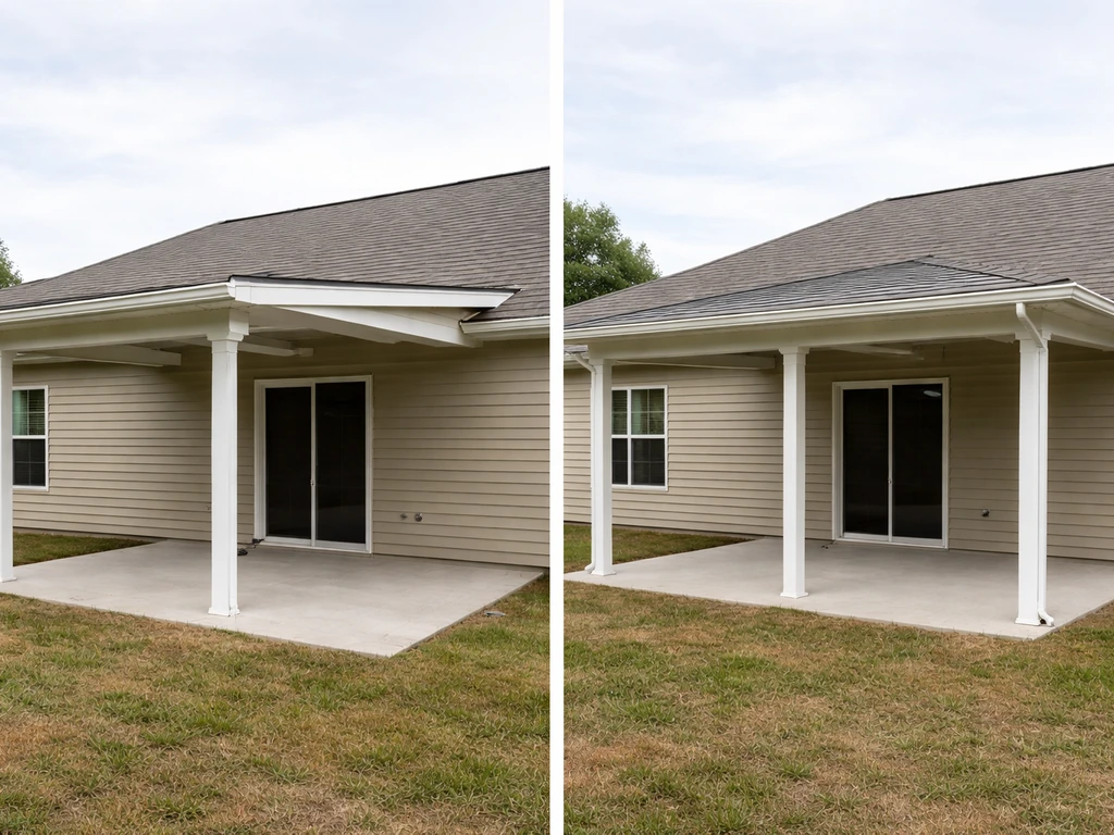 Minimal photo showing a patio roof extended outward and a second section expanding the covered area