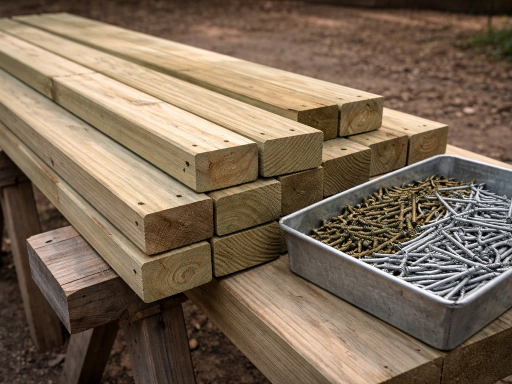 Stacked pressure-treated lumber with outdoor-rated fasteners in a small metal bin on sawhorses