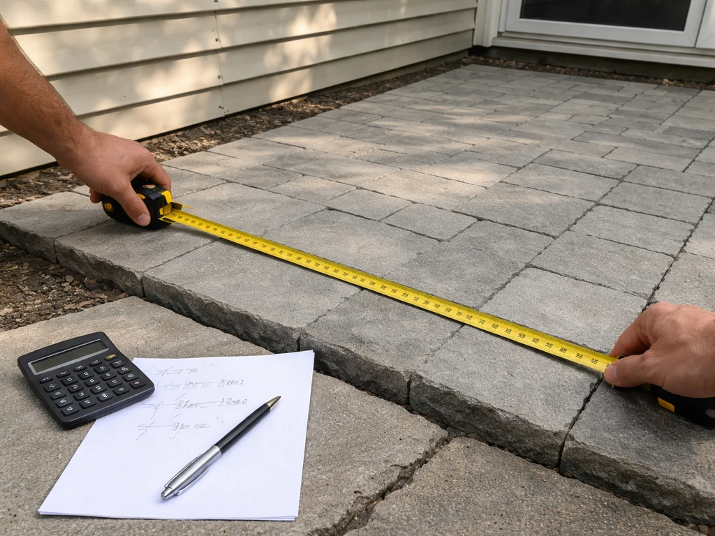 Hands measuring a patio space with a tape measure beside a simple budget worksheet and pen