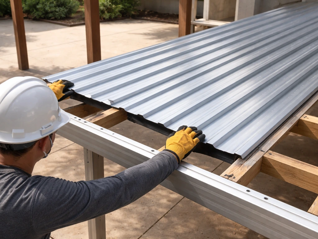 DIY installation of a metal patio cover roof with panels aligned on a patio frame