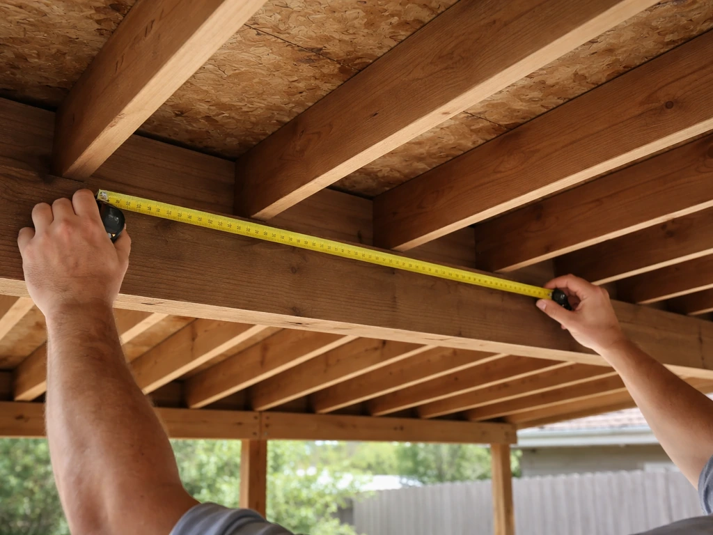 Person measuring patio cover rafters with a tape measure on roof framing