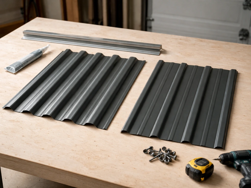 Metal roofing panel pieces and DIY tools laid out on a workbench for choosing materials and fasteners.