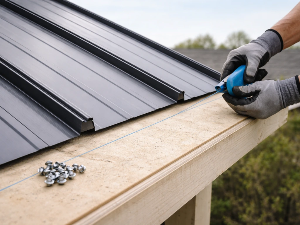 Worker’s hand snapping a chalk line on a roof edge, with a metal panel and fasteners aligned near a rib