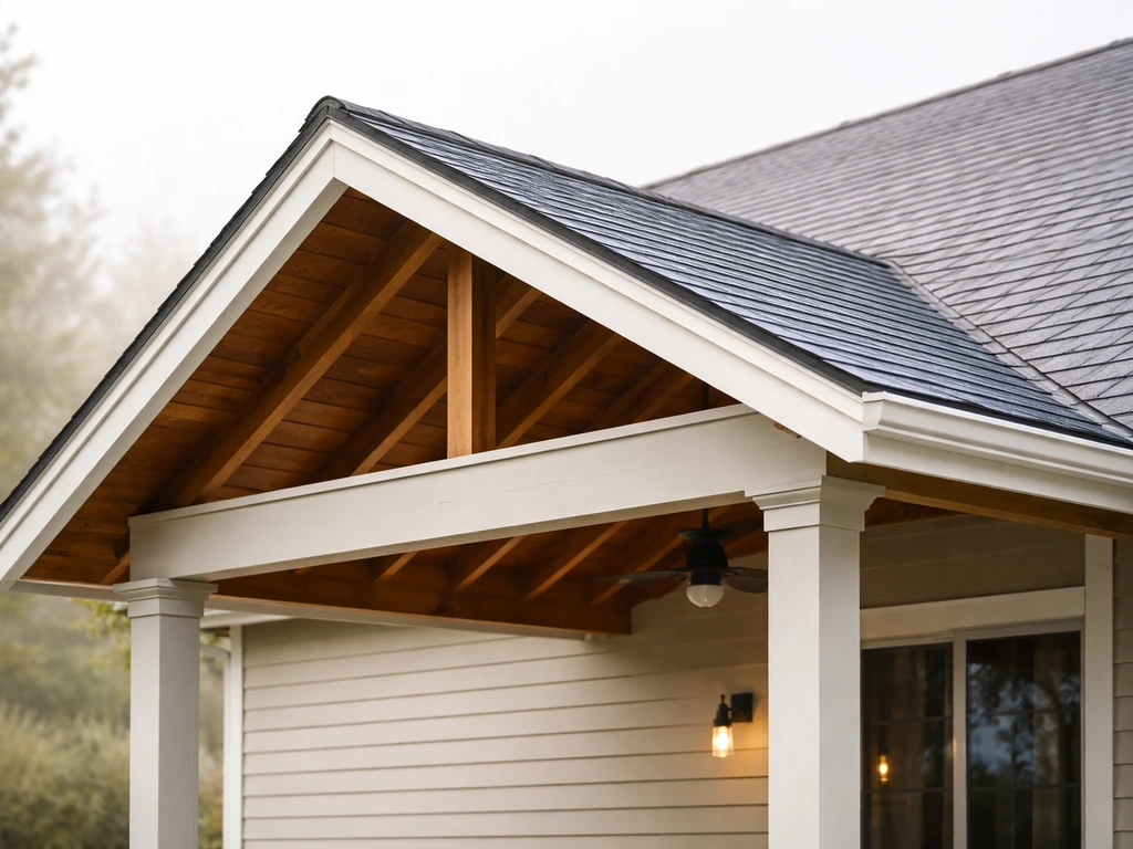Exterior view of a symmetrical gable roof patio cover with a clear ridge line and runoff-ready slopes.