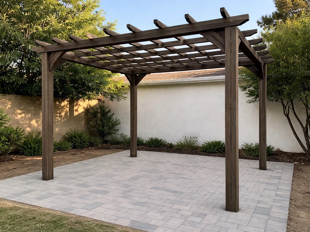 Freestanding pergola patio cover with four posts and visible overhead beam layout, not attached to a house.