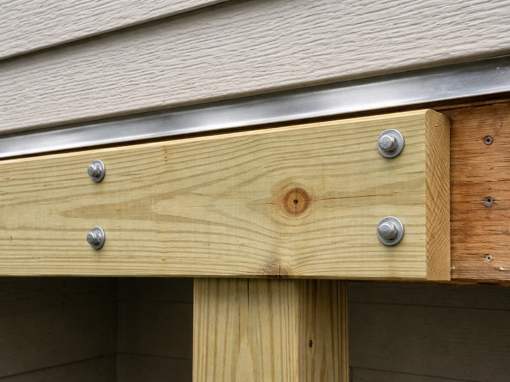 Close-up of a patio cover ledger connection with flashing and fasteners on a rim board.