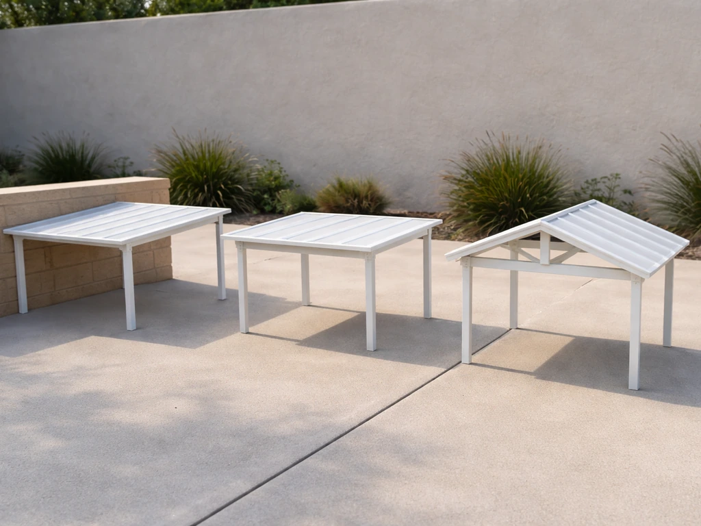 Three small patio cover models side-by-side: lean-to, freestanding, and gable-style roofs on a patio.