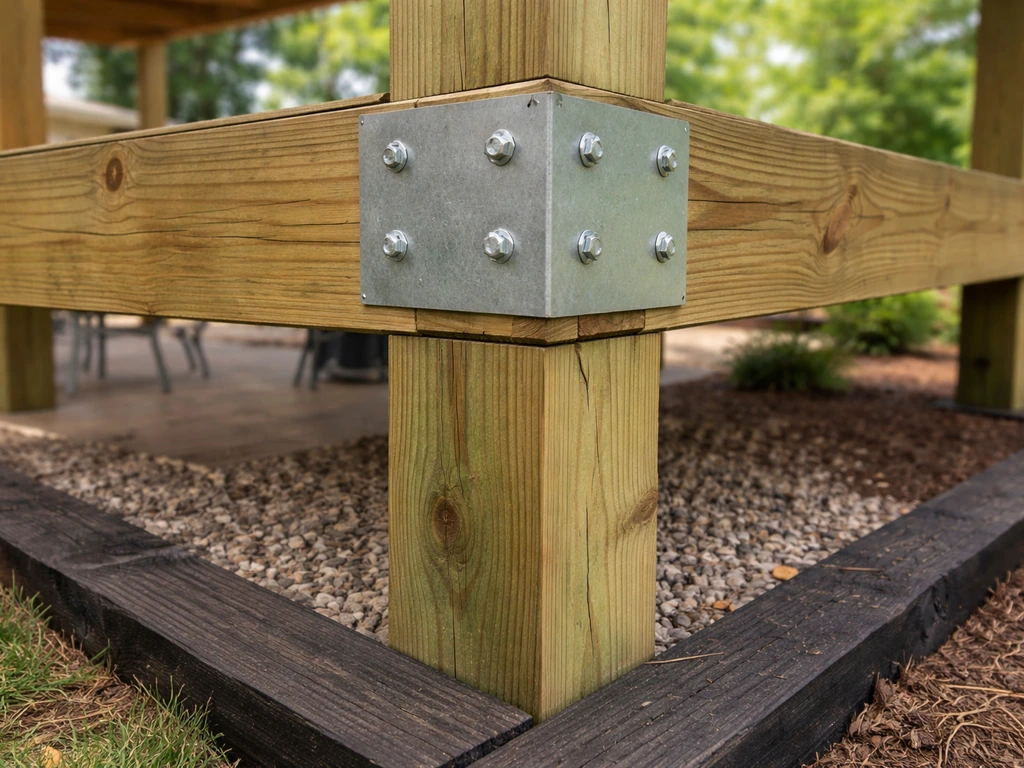 Close-up of a pressure-treated post-to-beam joint with galvanized hardware supporting a patio cover beam.