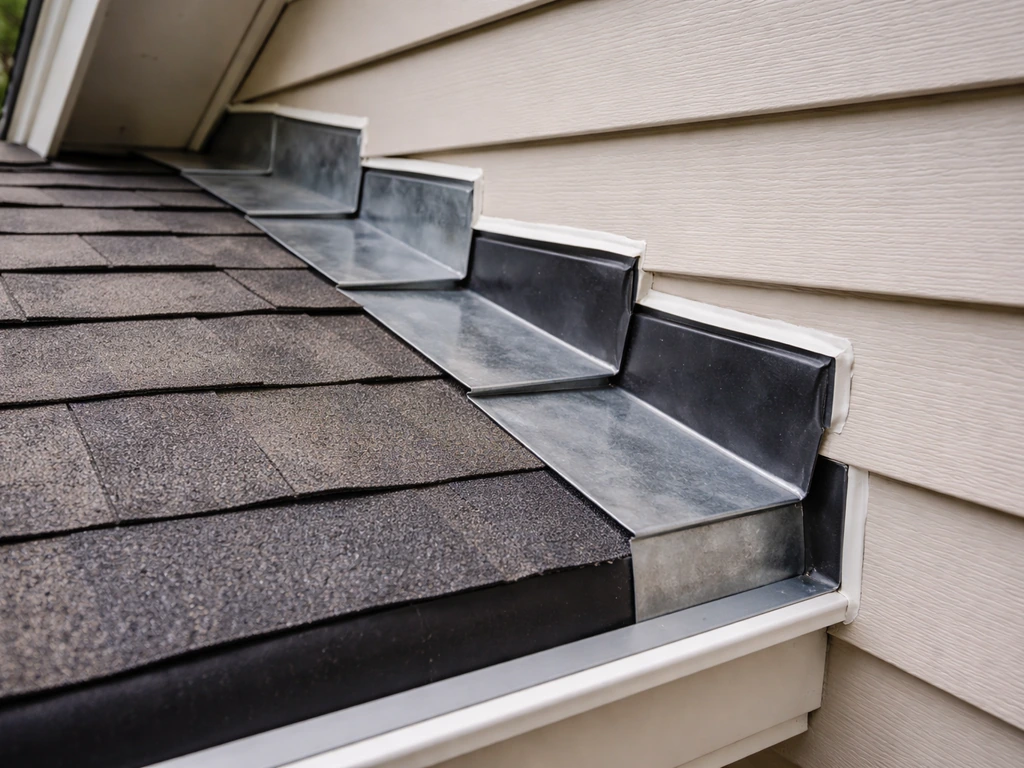 Close-up of step flashing where a patio roof meets the house wall, showing overlapping waterproof layers.