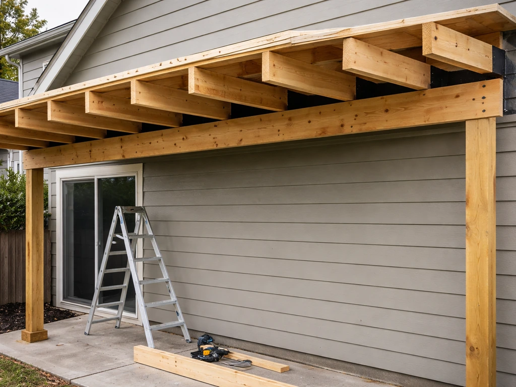Lean-to patio roof being attached to a house with a mounted ledger, rafters, and support posts.