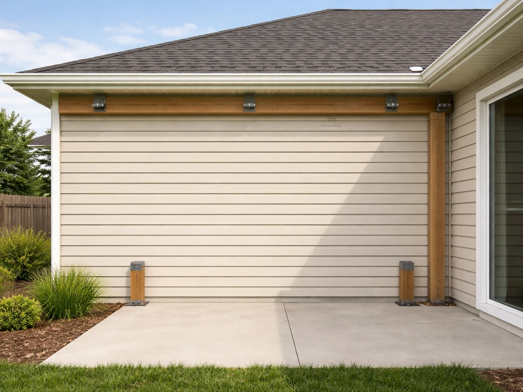 Minimal photo-style illustration of a house side-wall patio roof attachment concept with three connection points