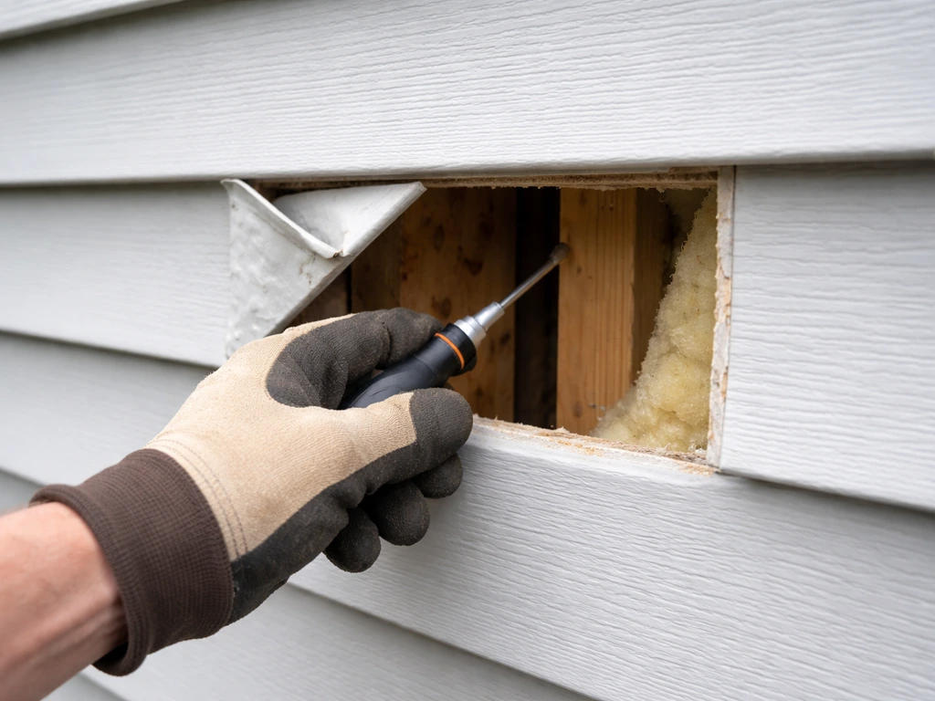 Gloved hand probes behind a small siding opening to locate wall studs or rim board.