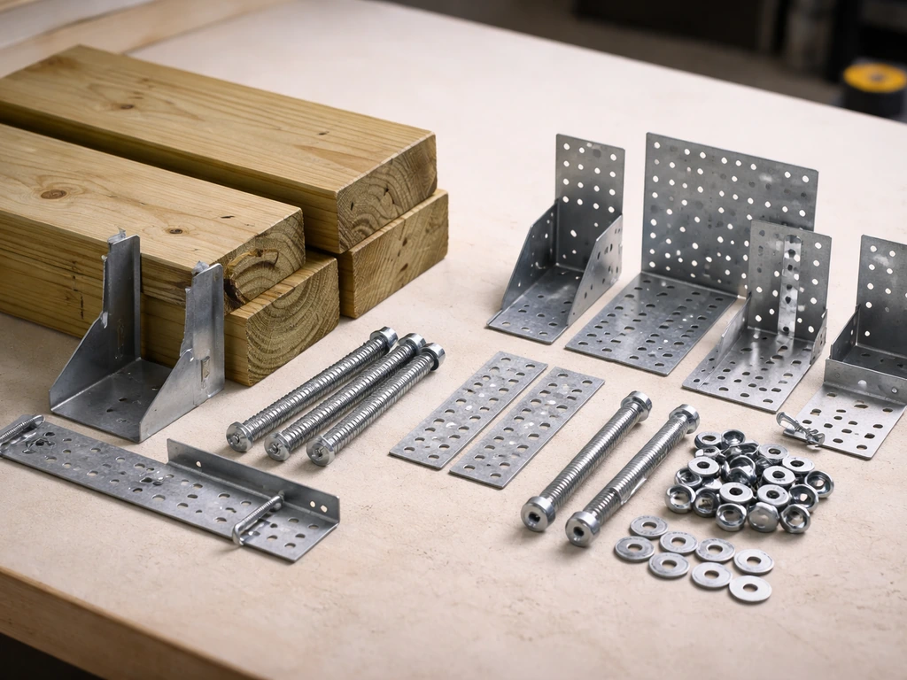 Workbench showing wood framing ledger hardware beside metal connection plates and anchors for a patio roof setup.