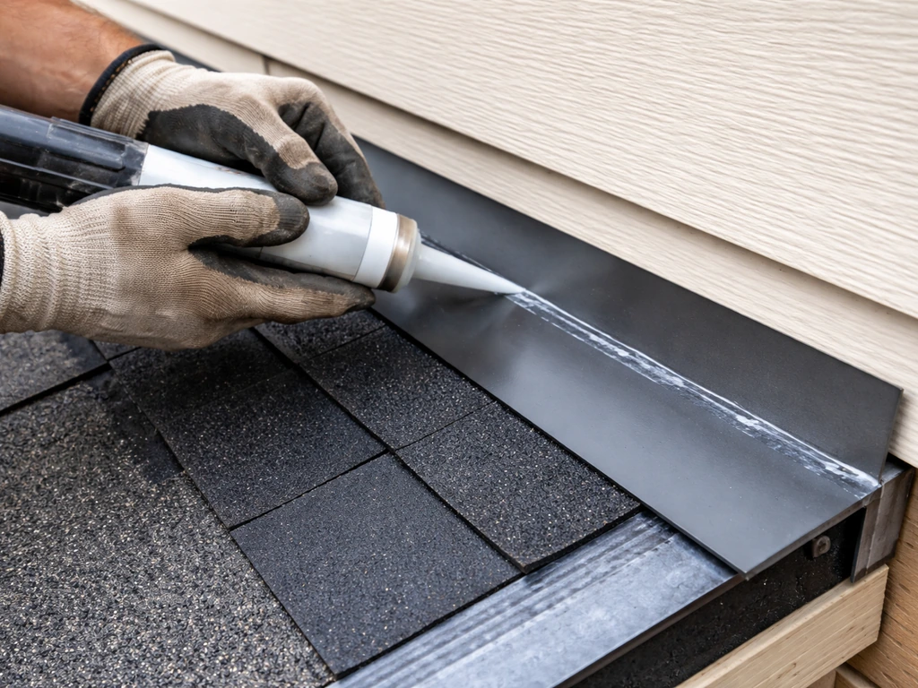 Close-up of gloved hands applying continuous sealant beads and layered flashing at a roof-to-wall joint.