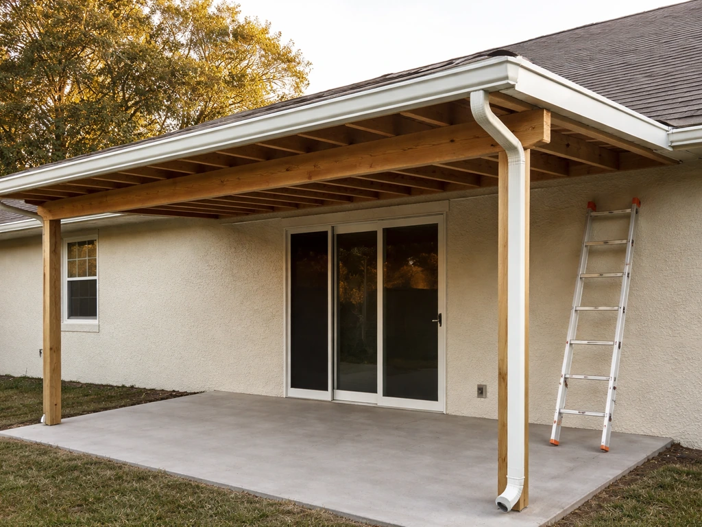 Wide view of a completed attached DIY patio roof with rafters, gutters, and a ladder-safe finishing detail