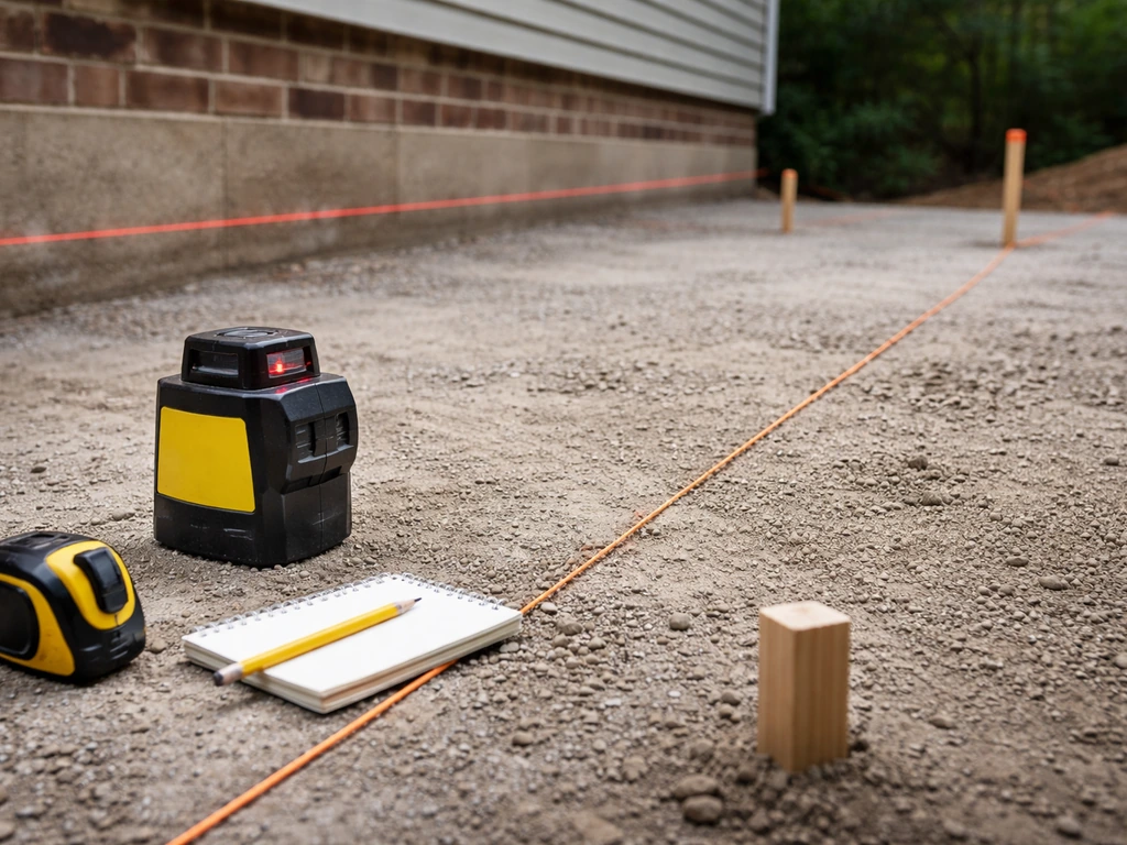 Tape measure and laser level on a patio layout with marked line near the house ledger