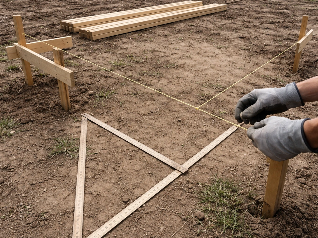 Batter boards with taut string lines outlining a house footprint, staged lumber, and a 3-4-5 square check.