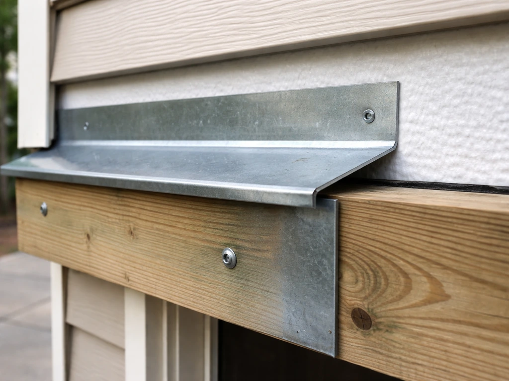 Close-up of Z-flashing layered correctly at the house and ledger junction on an exterior wall.
