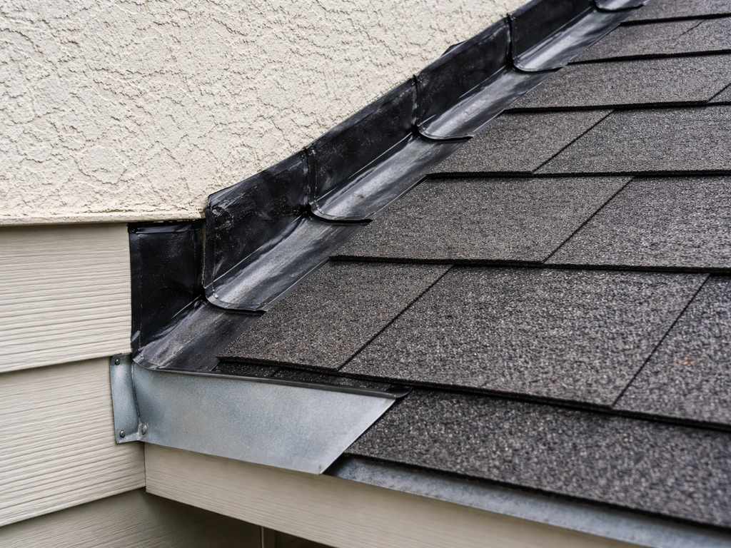Close-up of roof-to-wall flashing and sealing tape layers lapping over siding to direct water away.