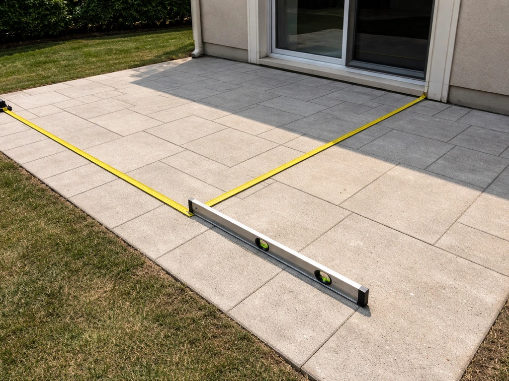 Empty patio with measuring tapes and a level showing width, projection, and a slight drainage slope.