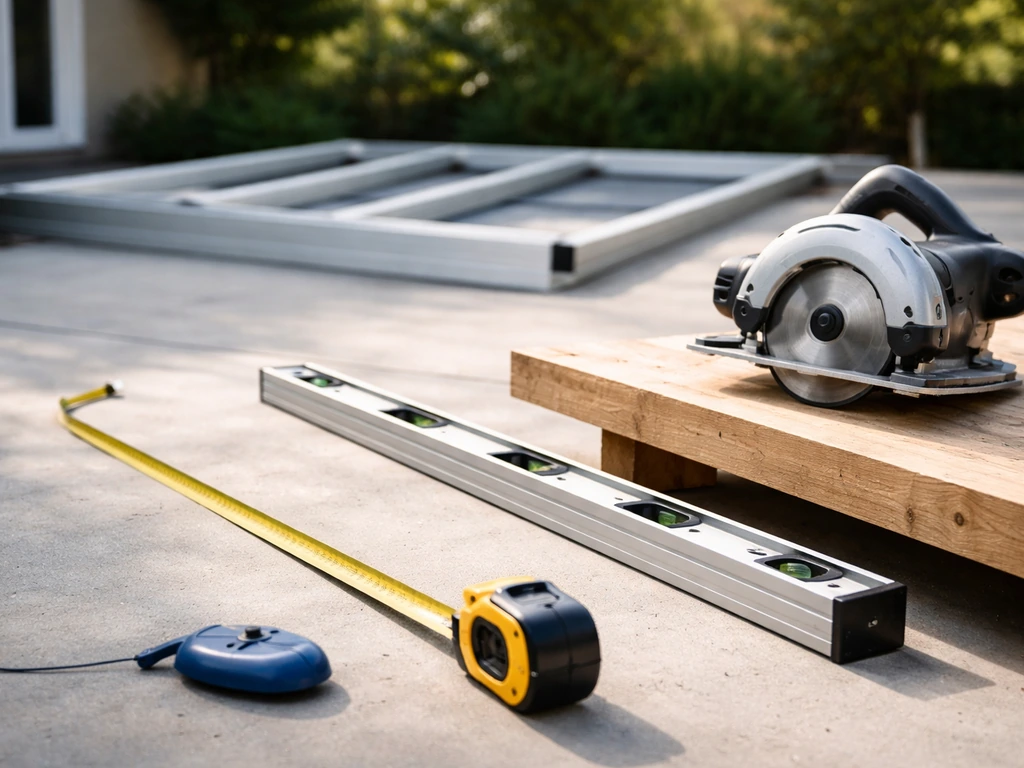 DIY aluminum patio cover cutting tools laid out: tape measure, chalk line, long level, and circular saw.
