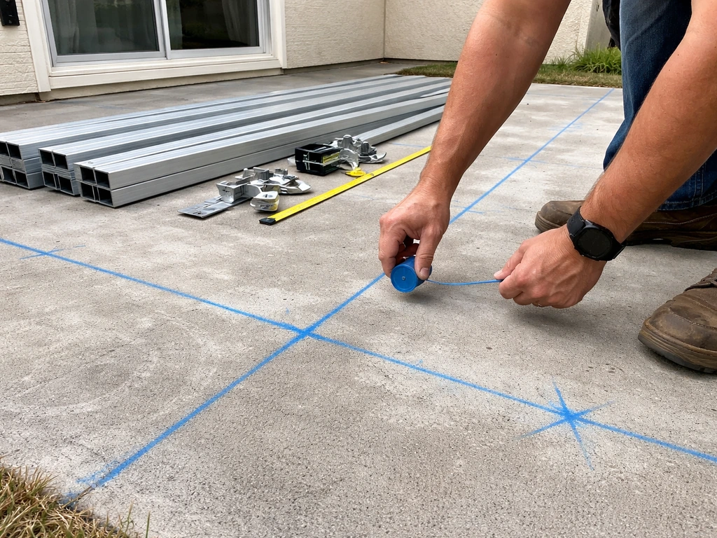 Hands snap chalk lines on concrete to mark patio cover footprint and post locations.