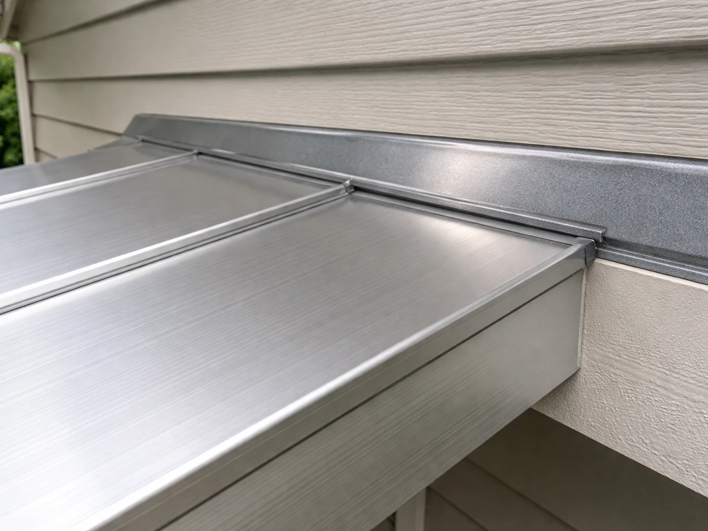 Close-up of aluminum patio flashing tucked under roof edge with sealant bead at the house interface.