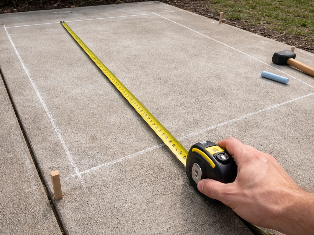Tape measure stretched across a concrete patio slab with chalk lines marking the footprint dimensions.
