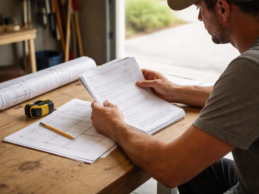 DIYer reviews building permit packet and plans at a garage work table with tape measure nearby.