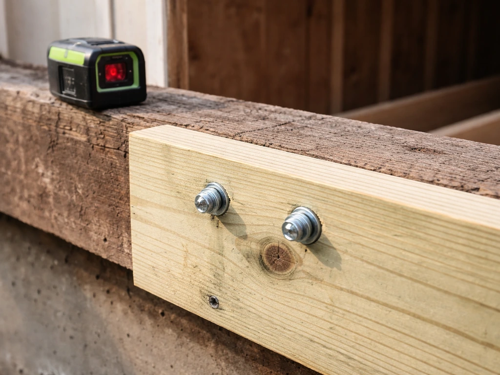 Close-up of a ledger board aligned to a rim joist with visible lag screws and a level/laser nearby.