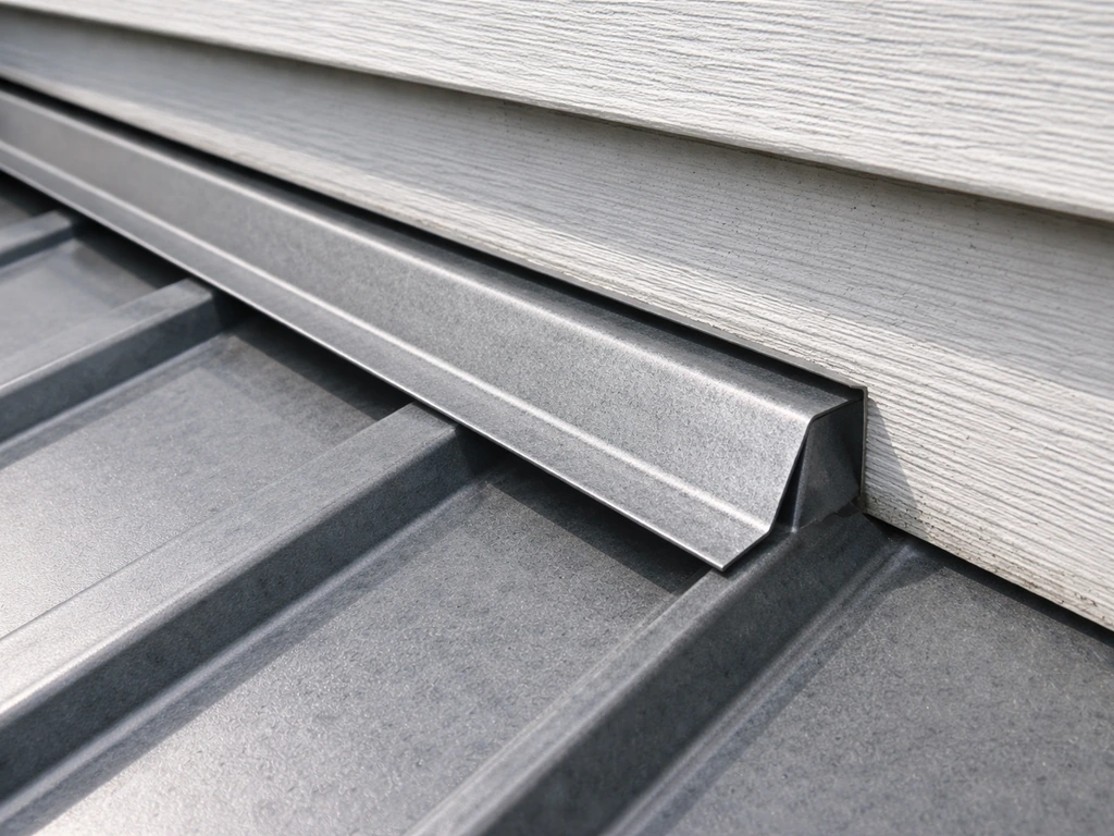 Close-up of metal roof edge with headwall flashing lapped under siding to show leak-preventing overlap.