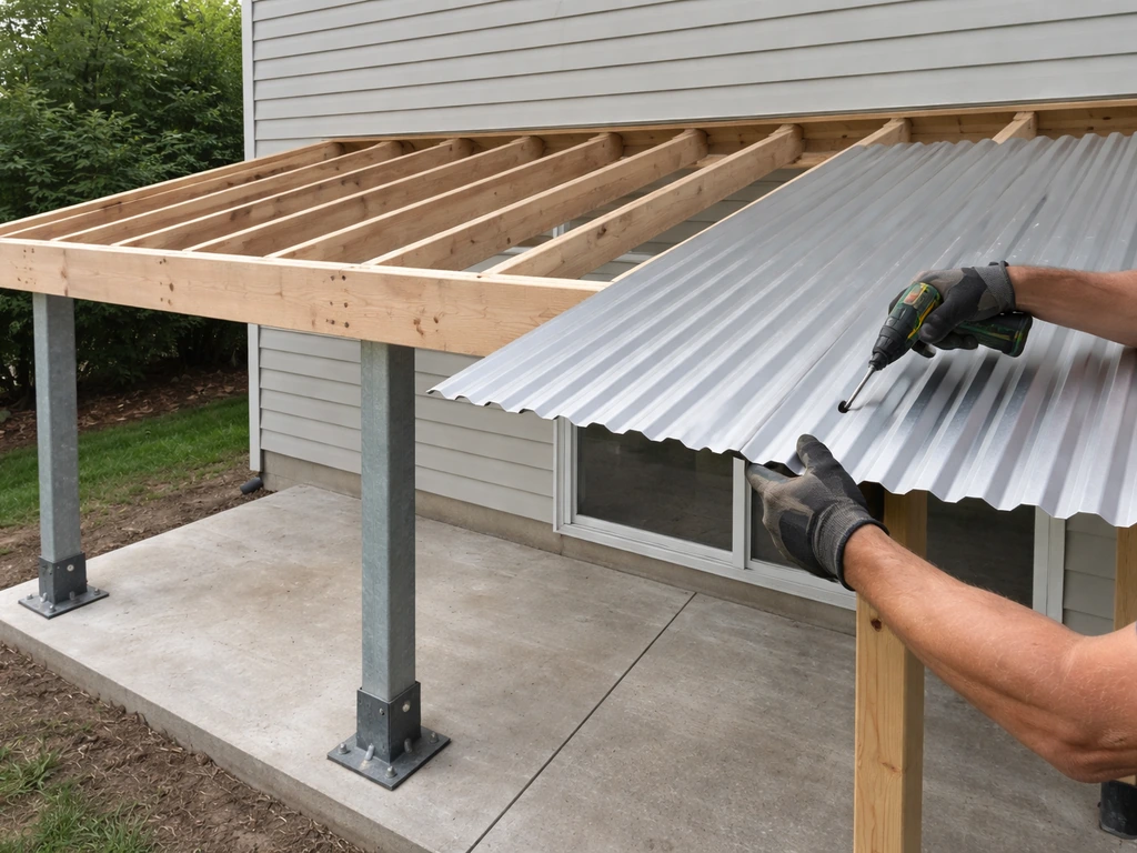Rooftop framing with anchored posts and ledger board as workers set and fasten metal panels