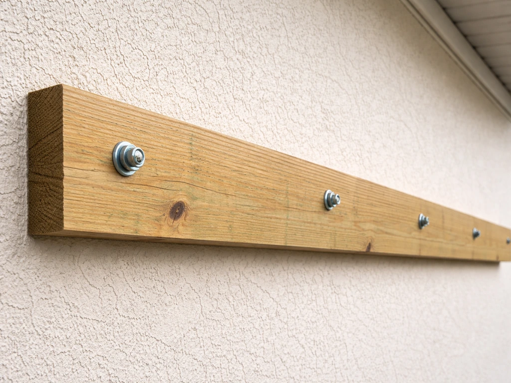 Close-up of a wood ledger board mounted to a house wall with visible fasteners for roof overhang alignment.