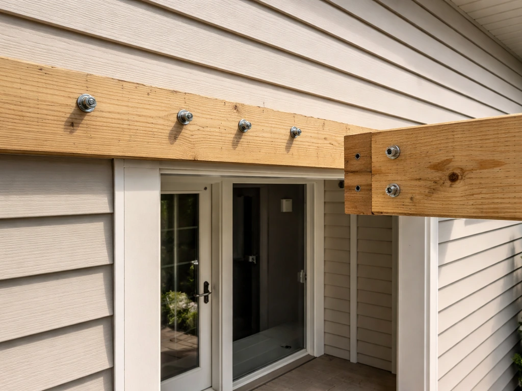 Close-up of a horizontal wood ledger board on a house with anchor bolts and a patio cover beam ready to attach.