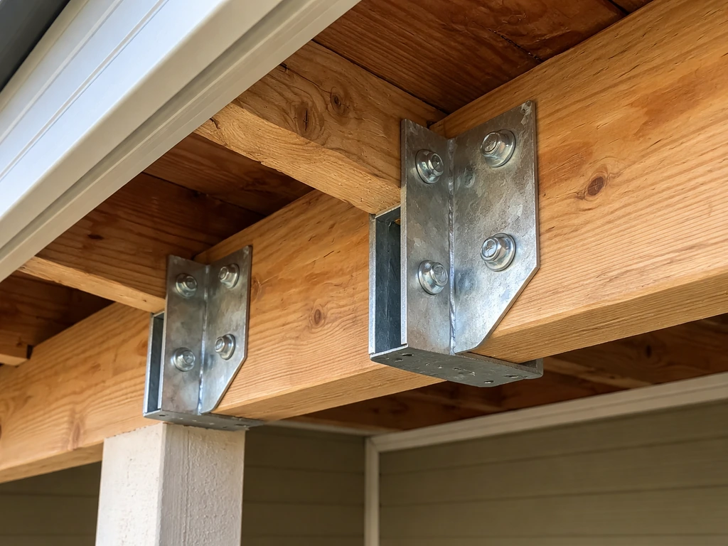 Galvanized L-brackets bolted to roof rafters near the eave with an aluminum patio cover edge visible
