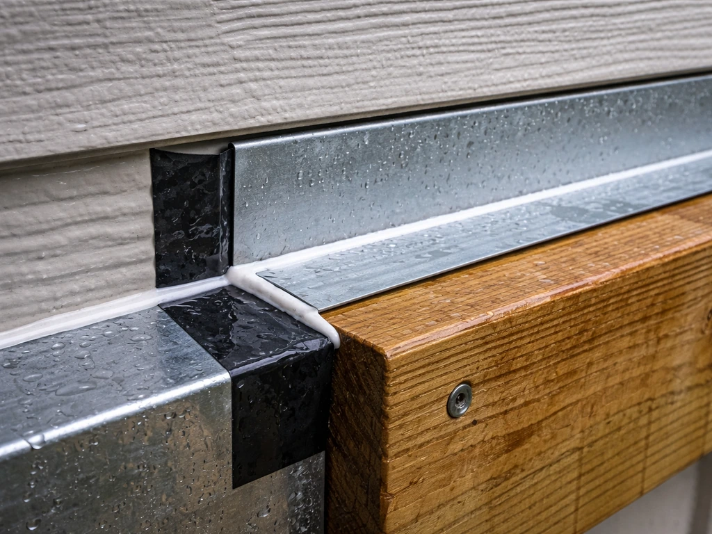 Close-up of patio cover flashing and caulk sealing where it meets the house ledger