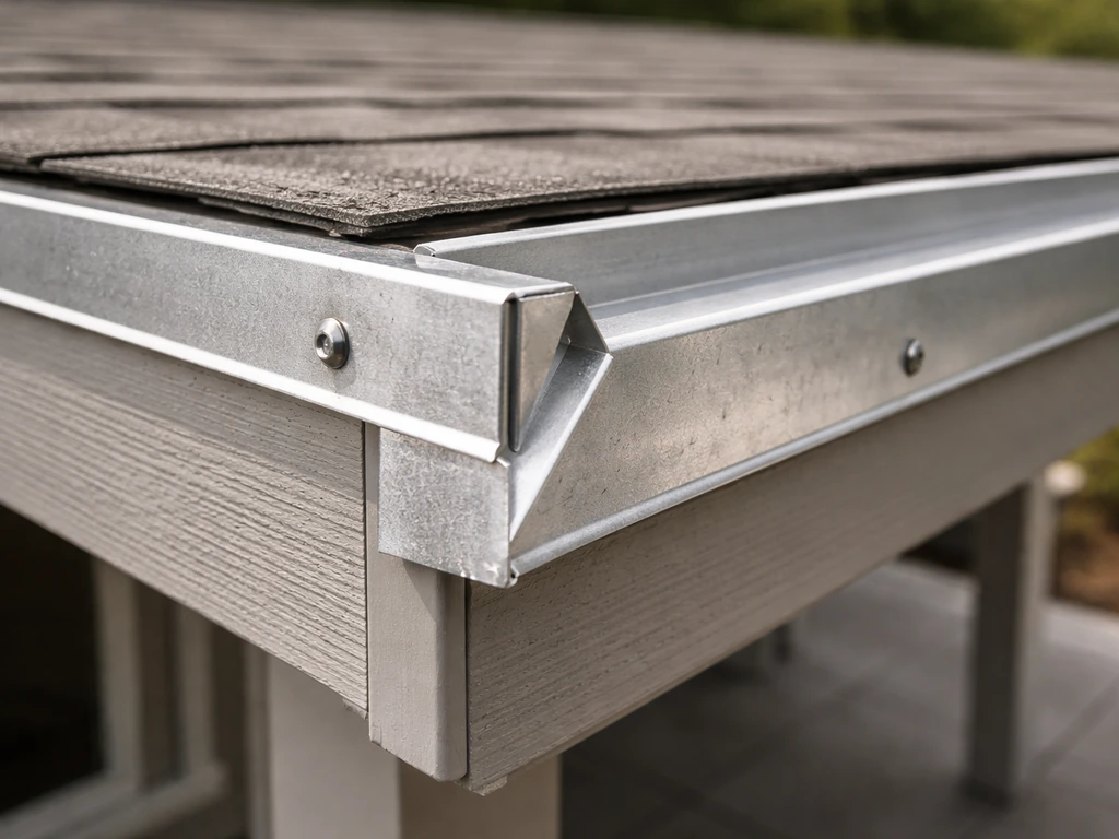 Close-up of patio cover roof edge showing L-shaped drip edge and kick-out flashing over fascia