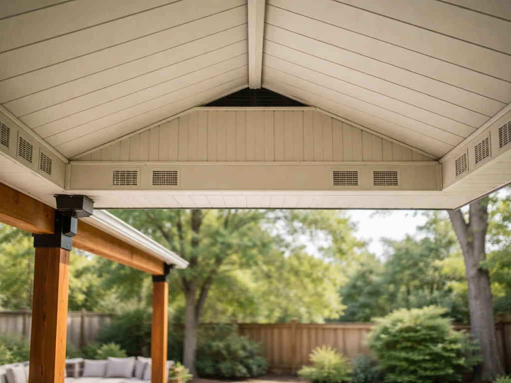 Under-side view of a patio roof showing soffit intake vents and an exhaust vent at the peak.