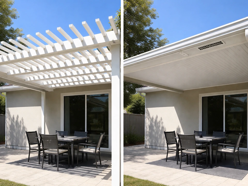 Two side-by-side patio roof examples: open lattice/pergola airflow and a closed roof cavity venting setup.