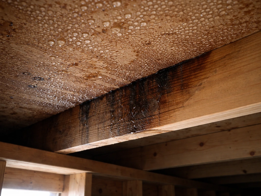 Condensation on an underside roof deck inside a closed patio cavity with damp wooden framing.