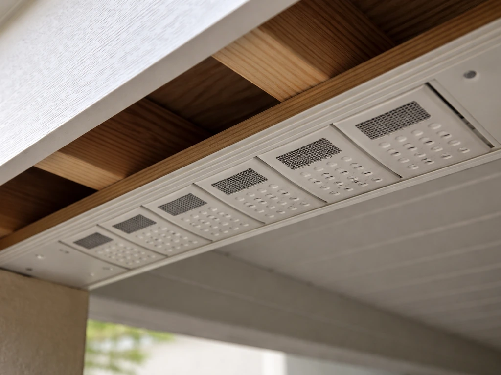 Close-up of soffit vent installation under a patio cover eave with small screened intake vents