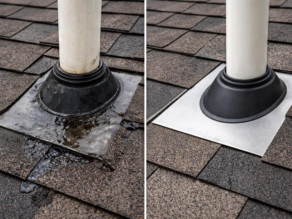 Close-up of roof vent boot flashing with water-shedding issue versus properly sealed flashing detail
