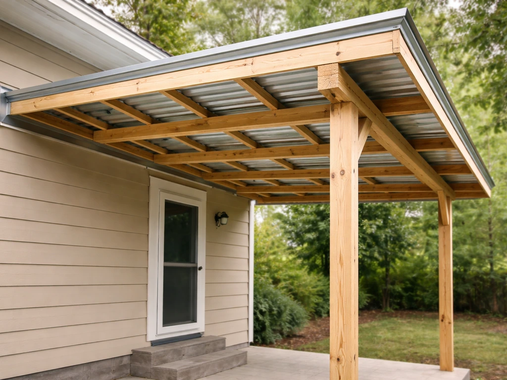 Finished DIY tin roof patio cover over a backyard patio with corrugated metal panels and visible flashing.