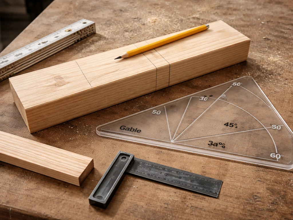 Close-up of measuring and marking lumber for a lean-to vs gable roof pitch layout with a pitch template.